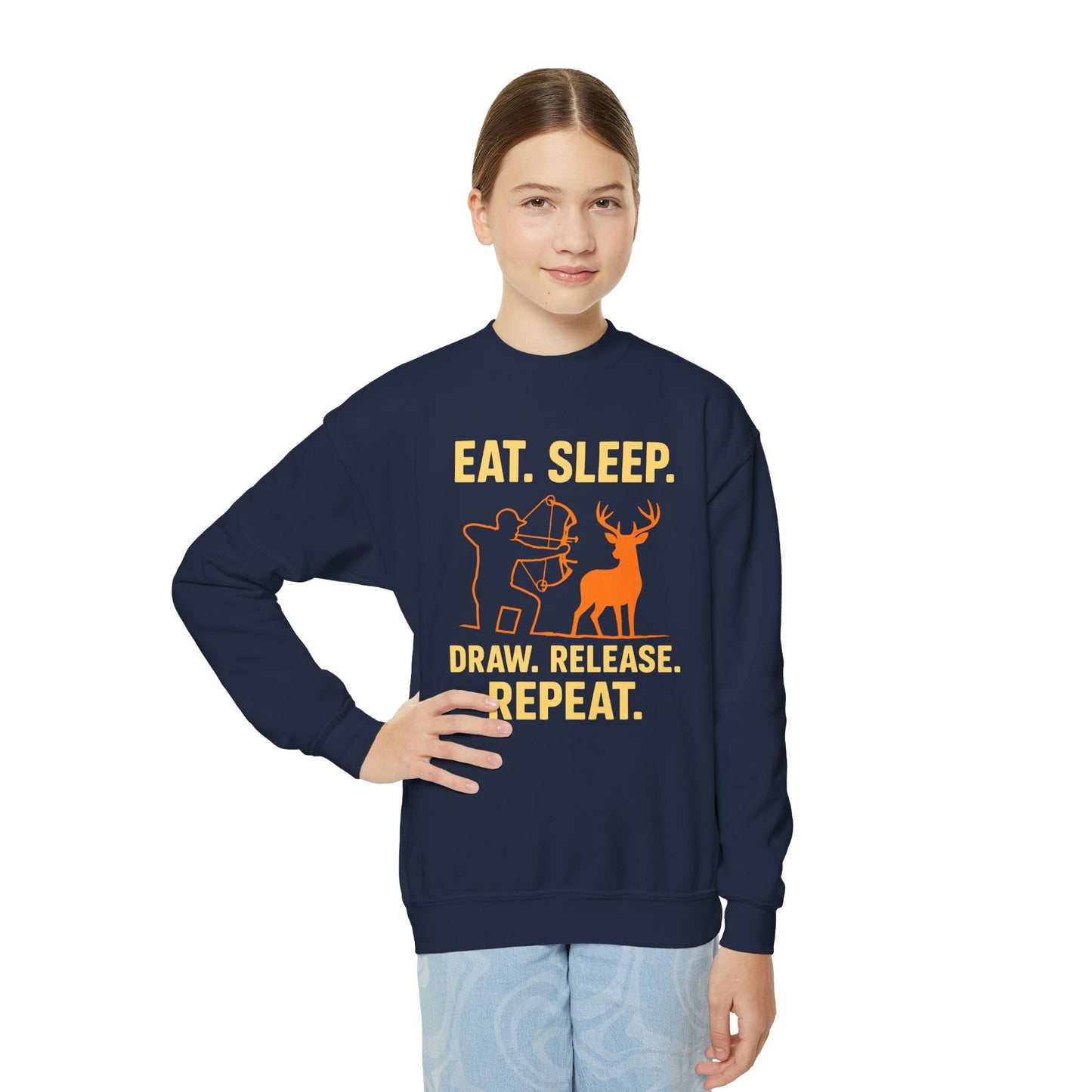 Eat Sleep Draw Release Repeat Youth Unisex Sweatshirt | Cute Hunter Sweatshirt, Gift for Nature Lovers, Outdoor Adventure Apparel