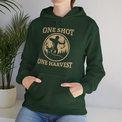 Hunting Themed Unisex Hoodie, Perfect for Bow Hunters, Fall Gatherings, Gifts, Cozy Layering, One Shot One Harvest Design
