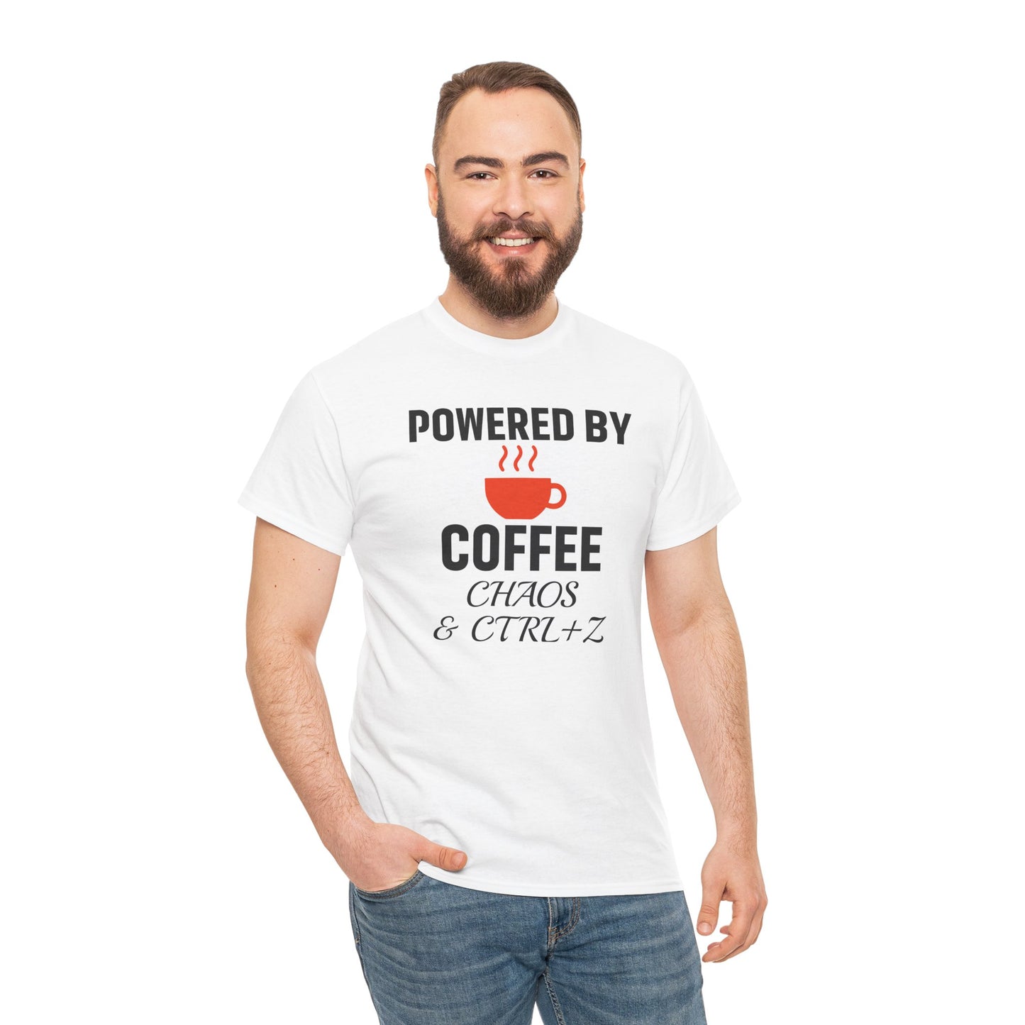 Powered By Coffee Chaos And CTRL+Z Unisex T-Shirt | Funny Coffee Lover Shirt, Perfect Office Gift, Casual Wear, Everyday Humor
