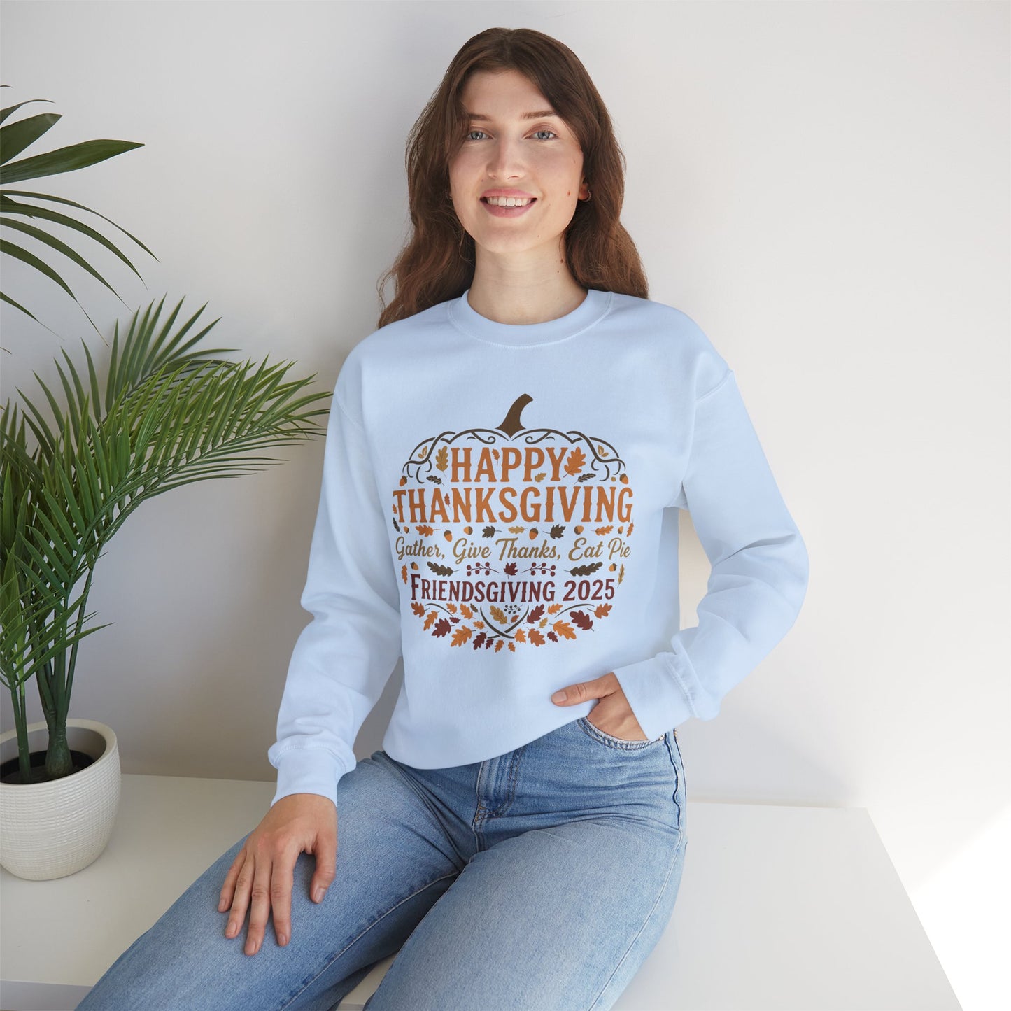 Happy Thanksgiving Friendsgiving 2025 Unisex Sweatshirt | Cozy Fall Apparel, Gift for Friends, Pumpkin Design, Autumn Fashion