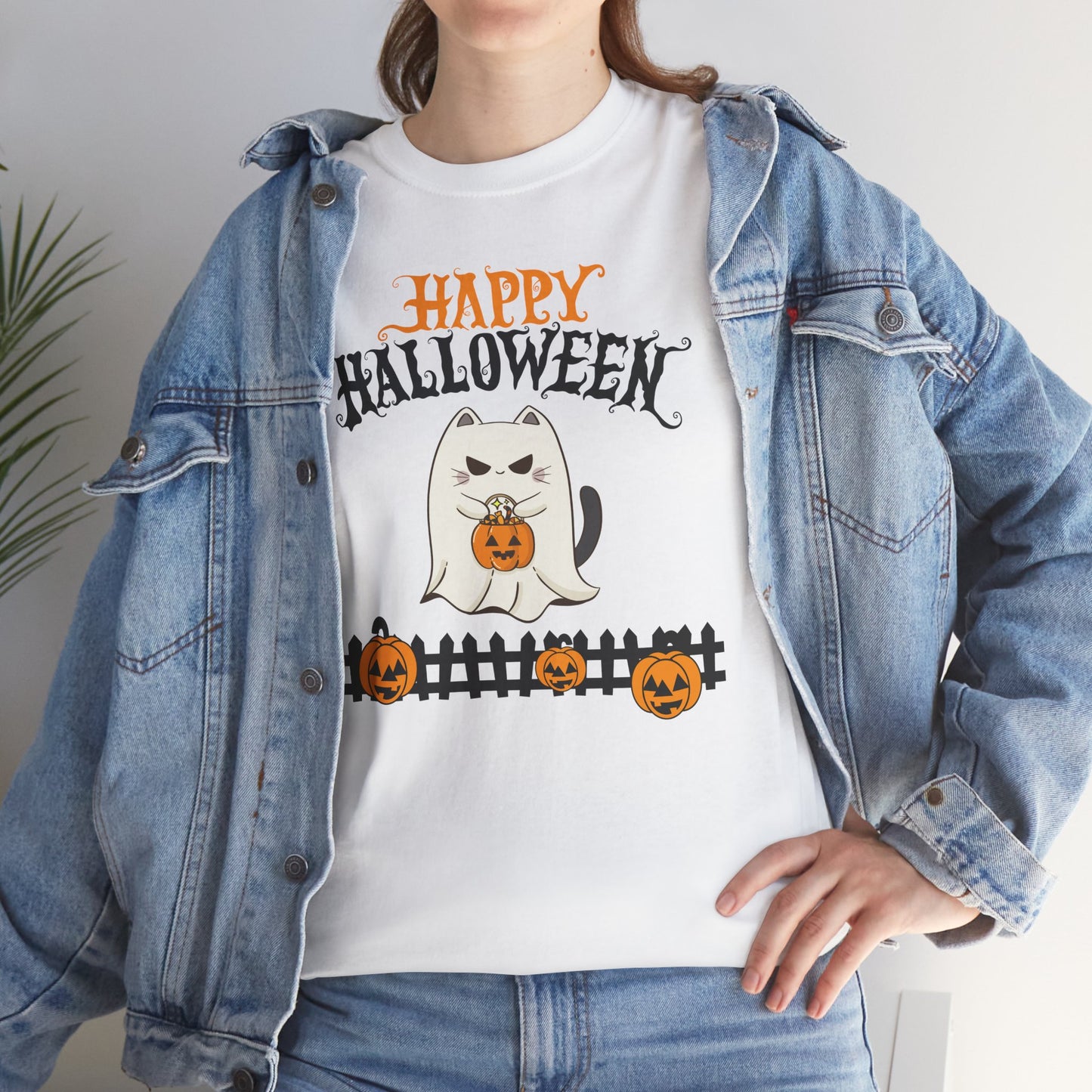 Halloween Cat Heavy Cotton Tee, Unisex, Spooky Fall Apparel, Cat Lover Shirt