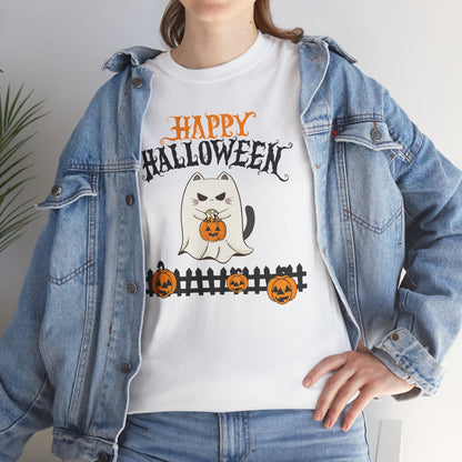 Halloween Cat Heavy Cotton Tee, Unisex, Spooky Fall Apparel, Cat Lover Shirt