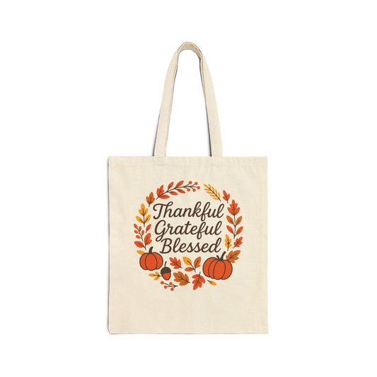 Thankful Grateful Blessed Tote Bag, Fall Harvest, Thanksgiving Shopping Bag, Autumn Canvas Bag, Gift for Her, Reusable Grocery Tote