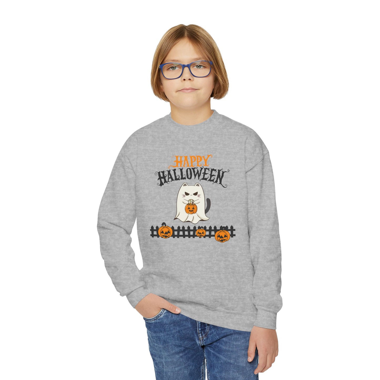 Happy Halloween Youth Sweatshirt, Cozy Kids Crewneck for Halloween, Pumpkin Design, Fall Fashion, Trick or Treat, Children's Sweater