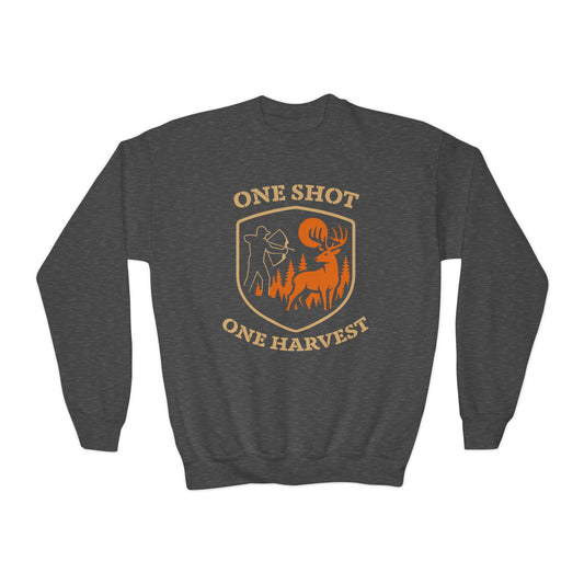 One Shot One Harvest Youth Unisex Sweatshirt | Perfect Gift for Young Hunters, Outdoor Sportswear, Fall and Winter Apparel