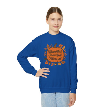 Thankful Grateful Blessed Youth Unisex Sweatshirt | Cozy Autumn Wear, Thanksgiving Gift, Family Gathering Outfit