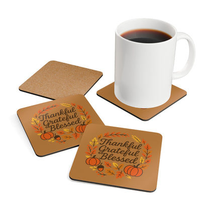 Thankful Grateful Blessed Corkwood Coaster Set | Thanksgiving Decor, Rustic Kitchen Decor, Fall Coasters, Home Gifts