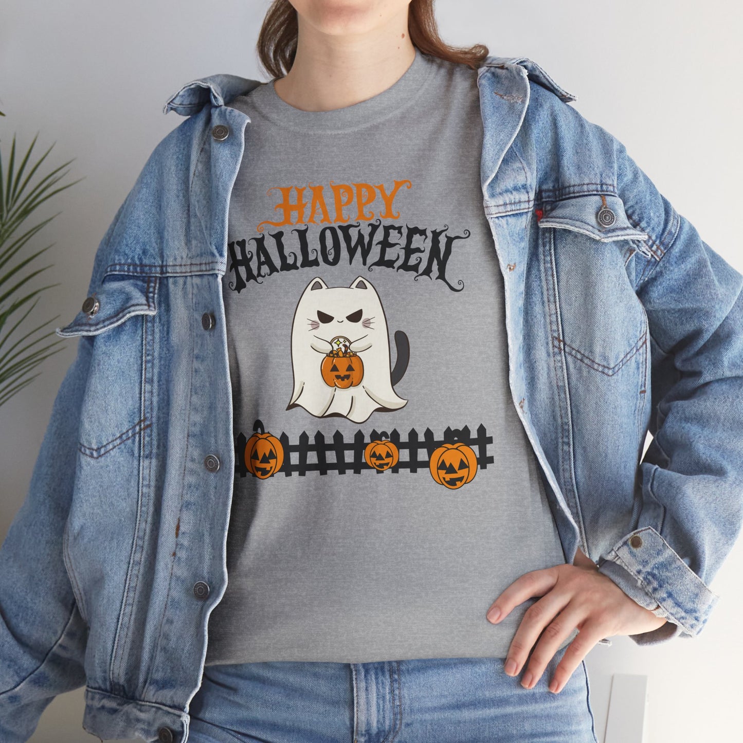 Halloween Cat Heavy Cotton Tee, Unisex, Spooky Fall Apparel, Cat Lover Shirt