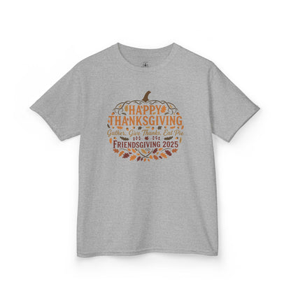 Happy Thanksgiving Friendsgiving 2025 Youth Unisex T-Shirt | Cute Thanksgiving Shirt, Fall Kids Clothing, Pumpkin Graphic Tee