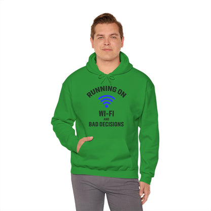 Running On Wi-Fi And Bad Decisions Unisex Hoodie | Fun Sweatshirt for Tech Lovers, Gift for College Students, Tech Humor Gift