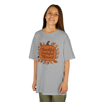 Thankful Grateful Blessed Kids Tee, Fall Shirt, Autumn Outfit, Thanksgiving Gift, Kids Cotton T-Shirt