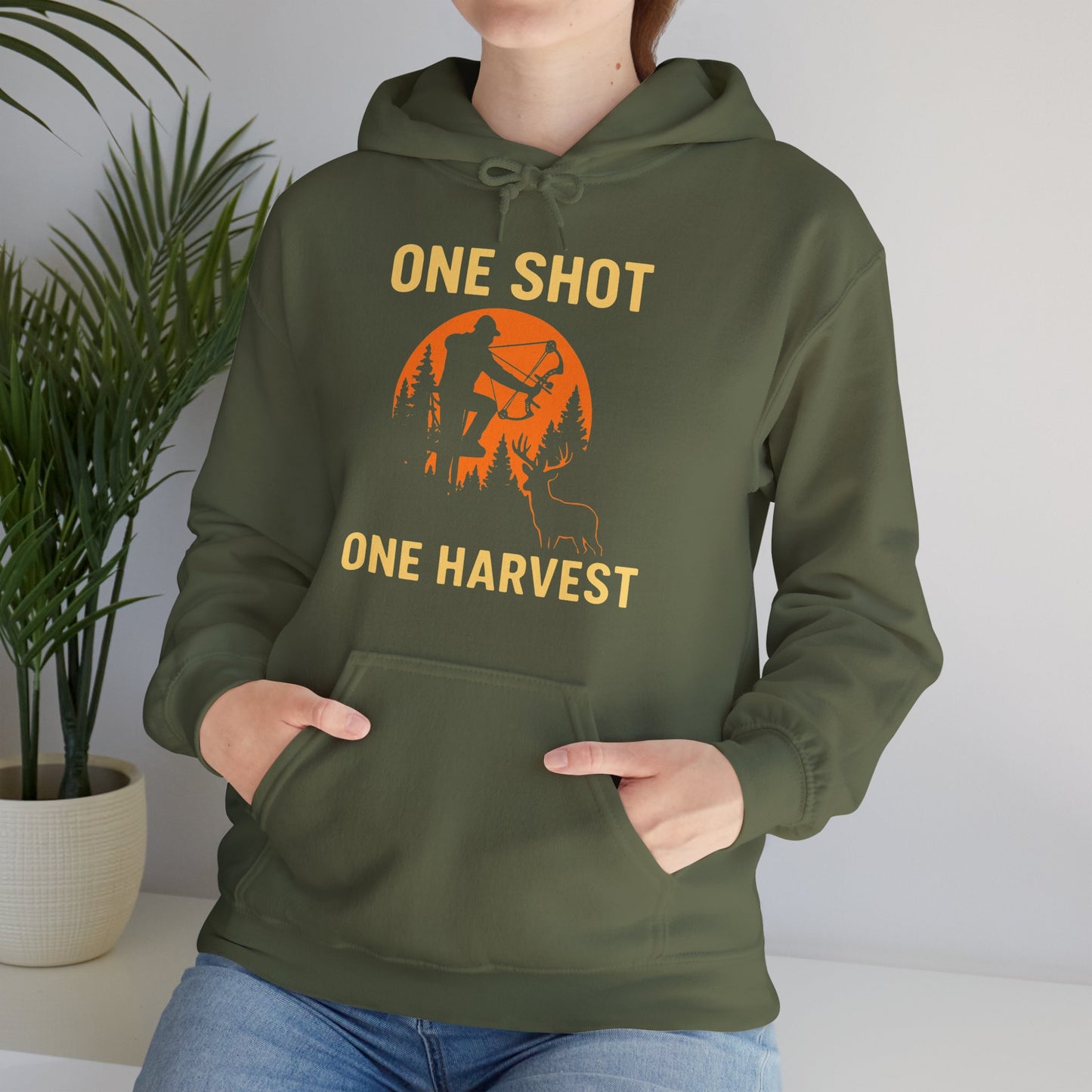 Hunting Theme Unisex Hoodie, One Shot One Harvest, Fall Apparel, Outdoor Gear, Gift for Hunters, Cozy Hoodie