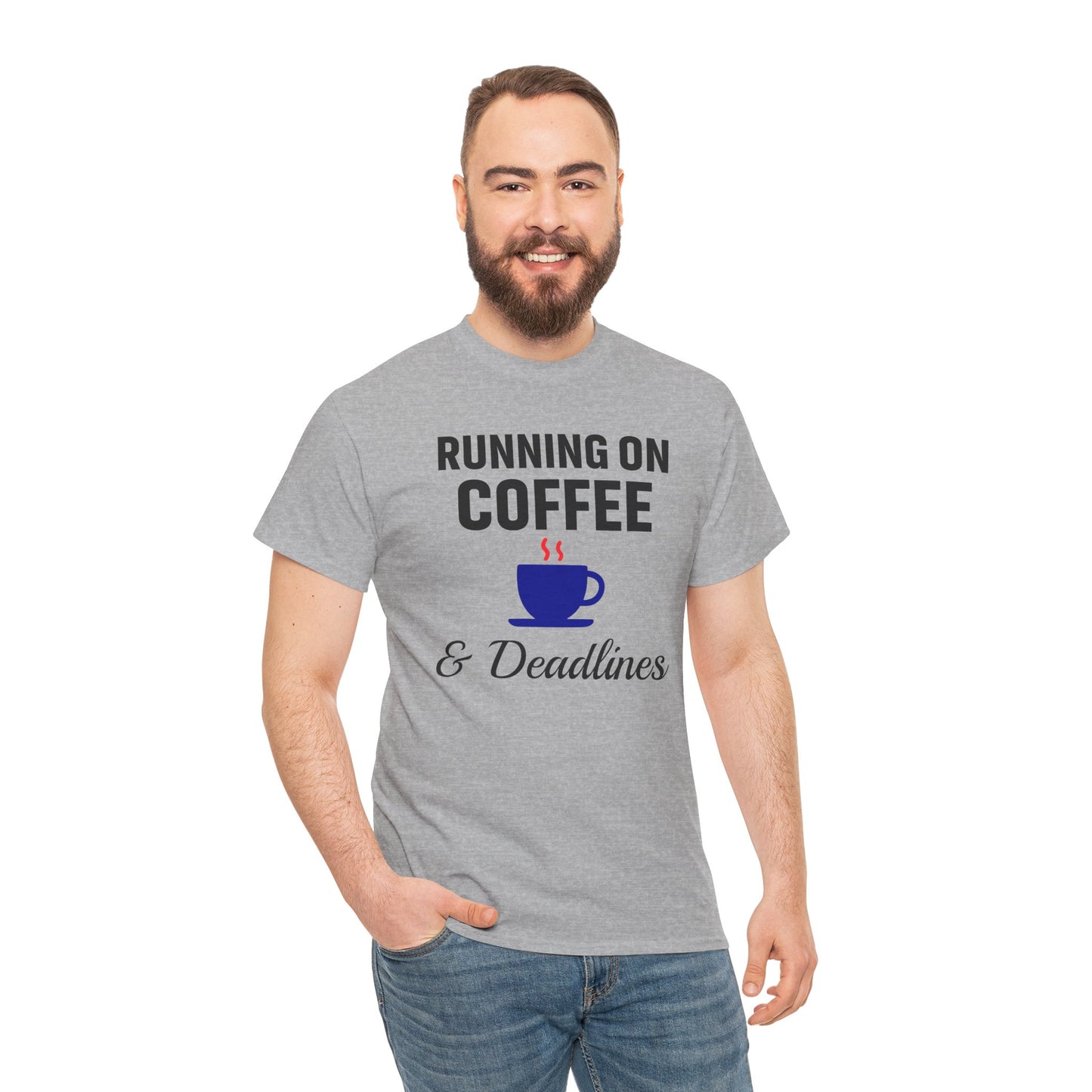 Running On Coffee And Deadlines Unisex T-Shirt | Funny Coffee Lover Tee, Gift for Coffee Addicts, Casual Wear, Office Gift