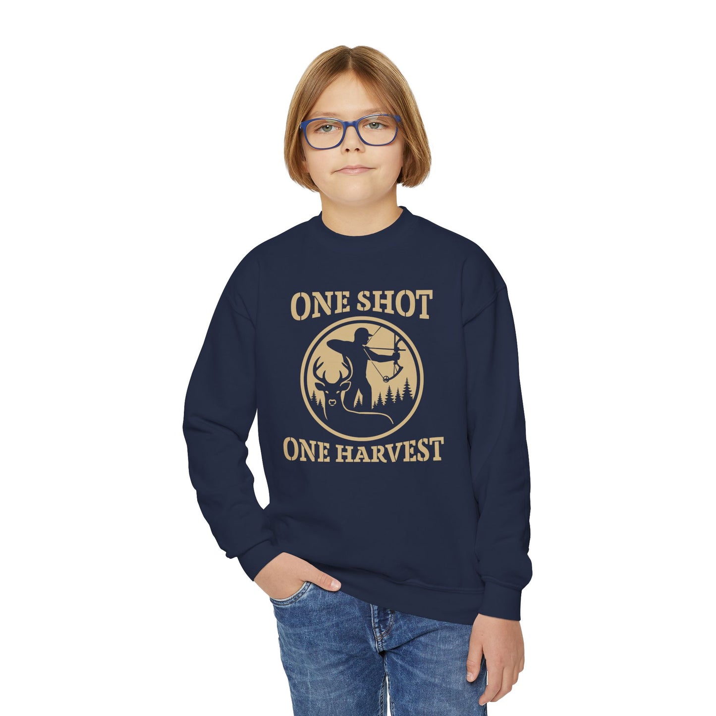 One Shot One Harvest Youth Unisex Sweatshirt | Cozy Outdoor Apparel, Perfect for Fall, Gifts for Young Hunters