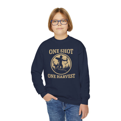 One Shot One Harvest Youth Unisex Sweatshirt | Cozy Outdoor Apparel, Perfect for Fall, Gifts for Young Hunters