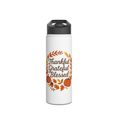 Thankful Grateful Blessed Stainless Steel Water Bottle - Fall Autumn Hydration Gift, Travel Mug, Reusable Drinkware, Gift for Friends