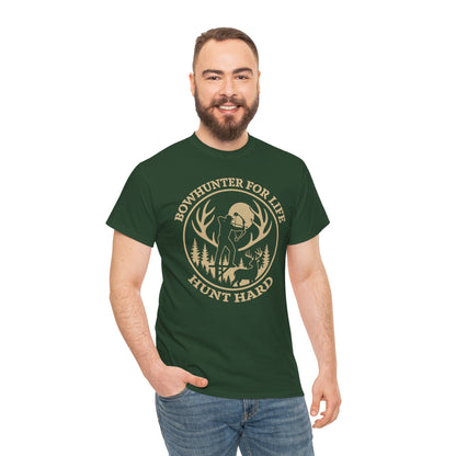 Unisex Heavy Cotton Tee featuring 'Bowhunter for Life - Hunt Hard' Graphic, Perfect for Hunters, Outdoor Enthusiasts