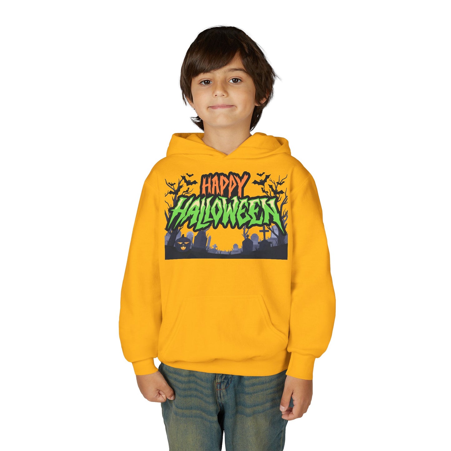 Halloween Youth Hoodie with 'Happy Halloween' Design, Cute Halloween [...]