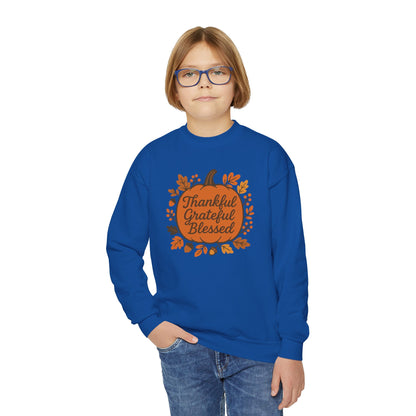 Thankful Grateful Blessed Youth Unisex Sweatshirt | Cozy Autumn Wear, Thanksgiving Gift, Family Gathering Outfit