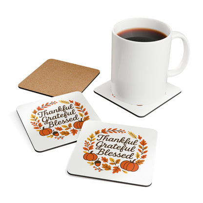 Thankful Grateful Blessed Cork Coaster Set | Autumn Decor, Fall Home Accents, Thanksgiving Gifts, Rustic Drink Coasters