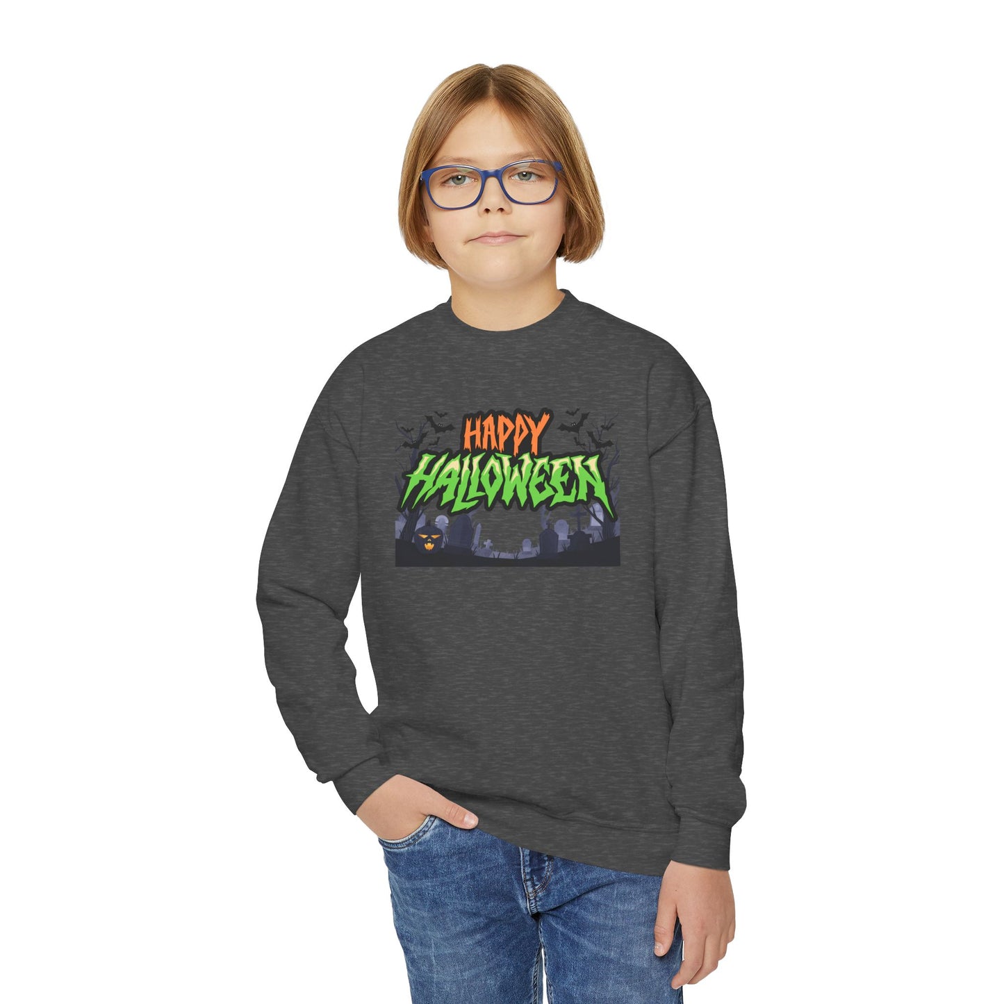 Happy Halloween Youth Crewneck Sweatshirt, Cute Halloween Gift, Spooky Sweatshirt, Fall Fashion, Kids Halloween Apparel