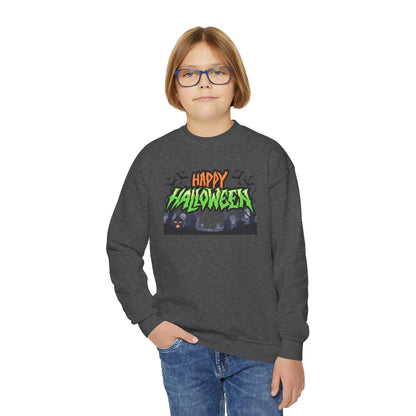 Happy Halloween Youth Crewneck Sweatshirt, Cute Halloween Gift, Spooky Sweatshirt, Fall Fashion, Kids Halloween Apparel