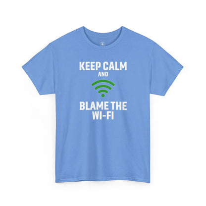 Keep Calm Blame the Wi-Fi Tee, Funny Unisex Heavy Cotton Tee, Perfect for Tech Lovers, Office Gifts, Internet Humor Shirt