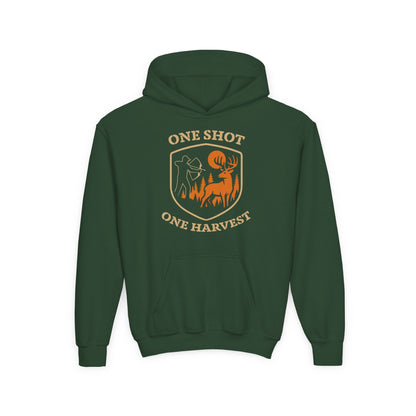 Hunting-themed Youth Hoodie, One Shot One Harvest Sweatshirt, Outdoor Gift for Teens, Fall Fashion for Kids, Perfect for Thanksgiving