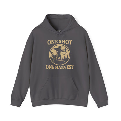 Hunting Themed Unisex Hoodie, Perfect for Bow Hunters, Fall Gatherings, Gifts, Cozy Layering, One Shot One Harvest Design