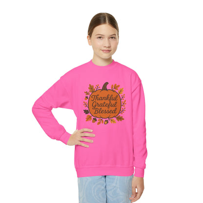 Thankful Grateful Blessed Youth Unisex Sweatshirt | Cozy Autumn Wear, Thanksgiving Gift, Family Gathering Outfit