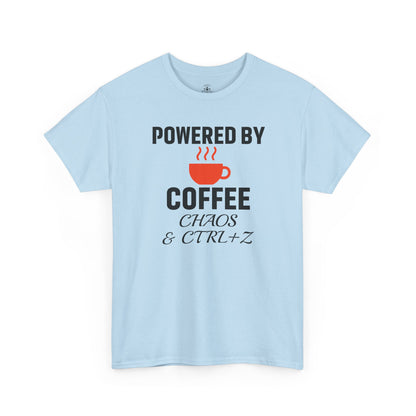 Powered By Coffee Chaos And CTRL+Z Unisex T-Shirt | Funny Coffee Lover Shirt, Perfect Office Gift, Casual Wear, Everyday Humor