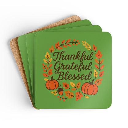 Thankful Grateful Blessed Corkwood Coaster Set | Fall Decor, Thanksgiving Gift, Rustic Coasters, Autumn Tableware, Home Decor