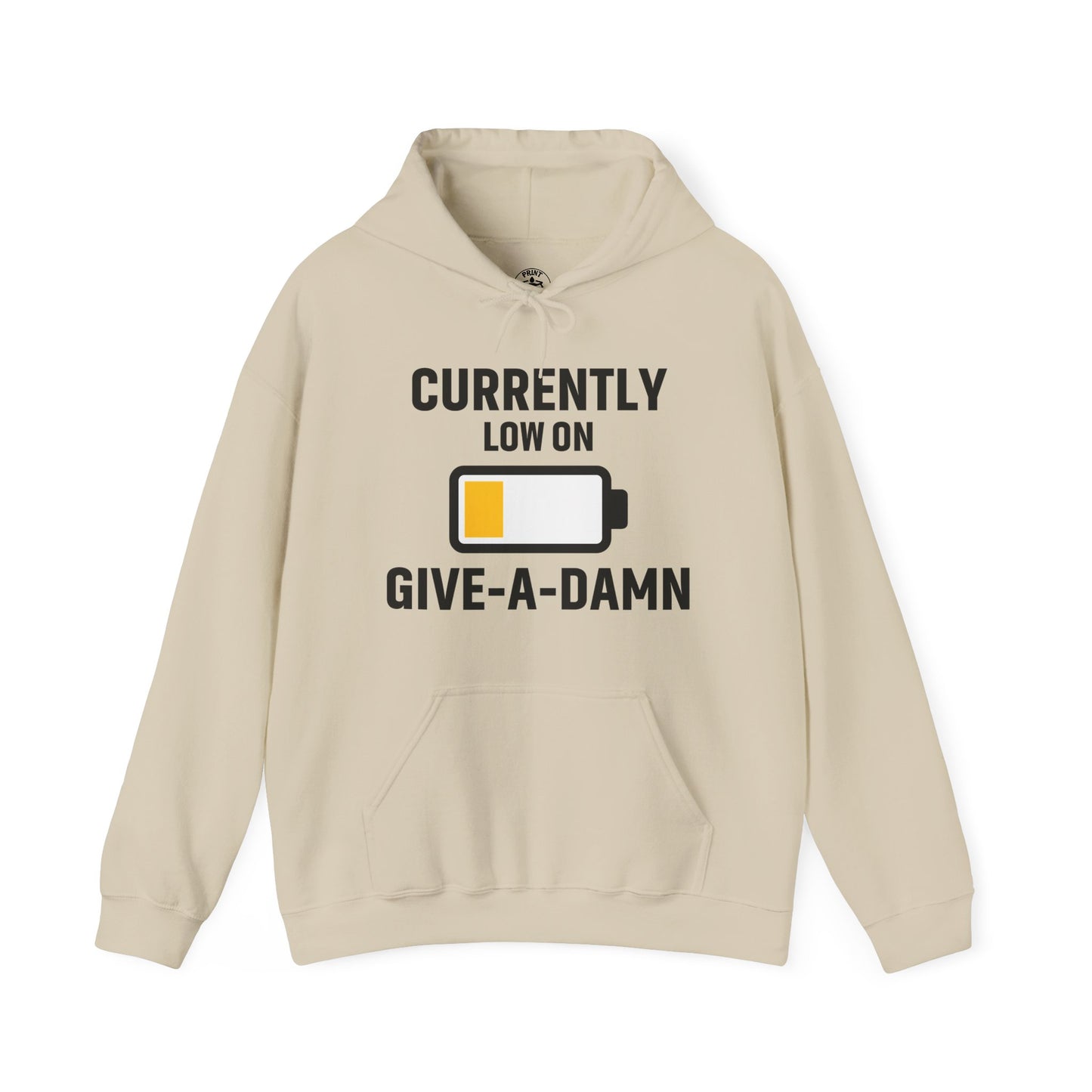 Currently Low On Give-A-Damn Unisex Hoodie | Casual Gift for Office Friends, Cozy Hoodie for Laughs, Humorous Apparel