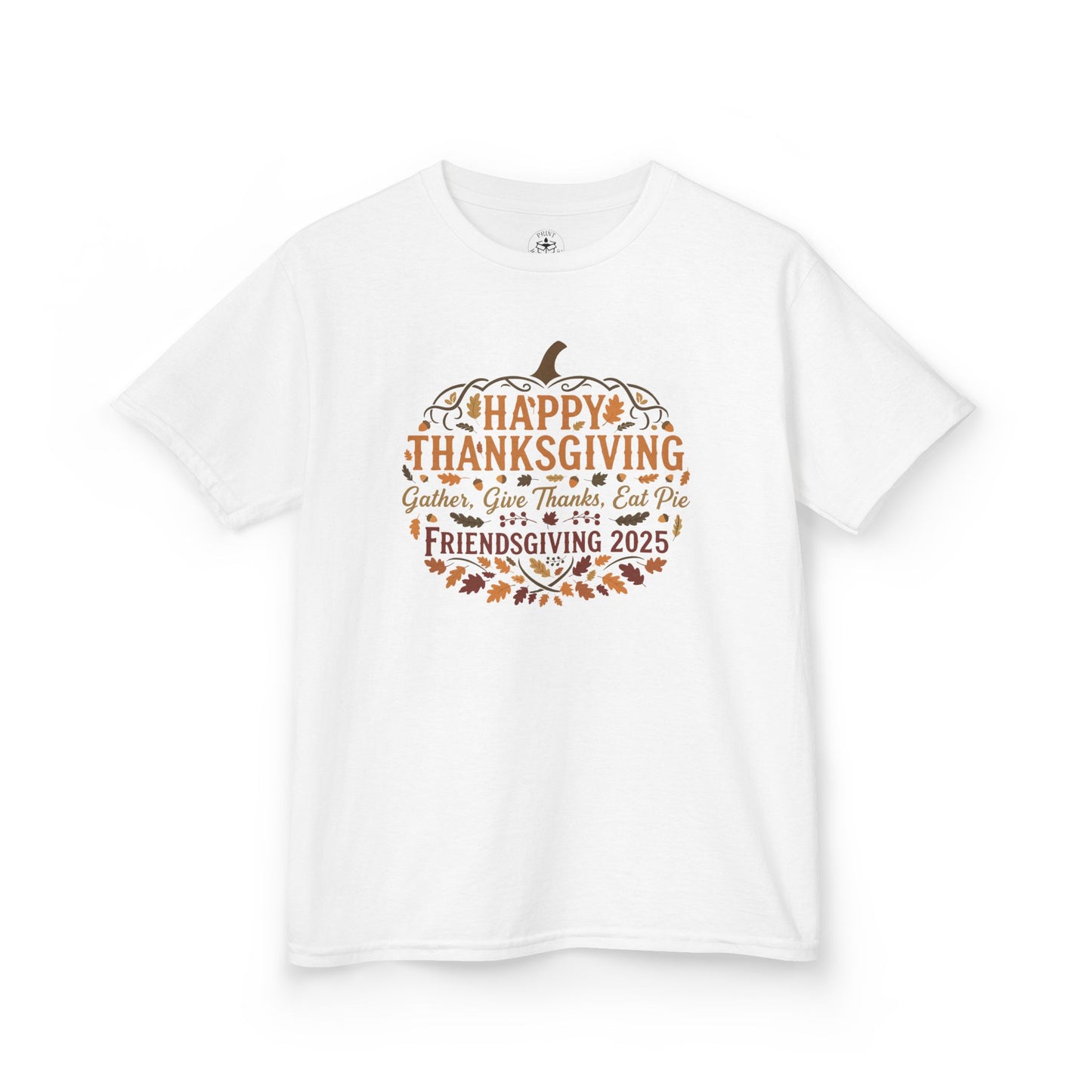Happy Thanksgiving Friendsgiving 2025 Youth Unisex T-Shirt | Cute Thanksgiving Shirt, Fall Kids Clothing, Pumpkin Graphic Tee