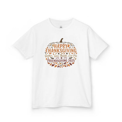 Happy Thanksgiving Friendsgiving 2025 Youth Unisex T-Shirt | Cute Thanksgiving Shirt, Fall Kids Clothing, Pumpkin Graphic Tee
