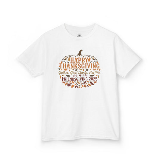 Happy Thanksgiving Friendsgiving 2025 Youth Unisex T-Shirt | Cute Thanksgiving Shirt, Fall Kids Clothing, Pumpkin Graphic Tee