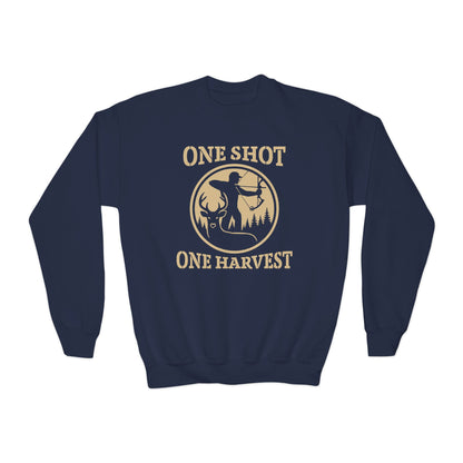 Youth Hunting Sweatshirt, Cozy Outdoor Apparel, Perfect for Fall, Gifts for Young Hunters, One Shot One Harvest Design