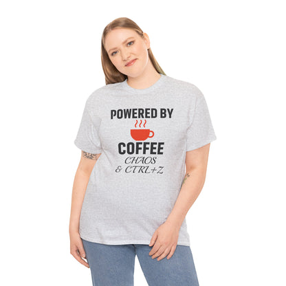 Powered By Coffee Chaos And CTRL+Z Unisex T-Shirt | Funny Coffee Lover Shirt, Perfect Office Gift, Casual Wear, Everyday Humor