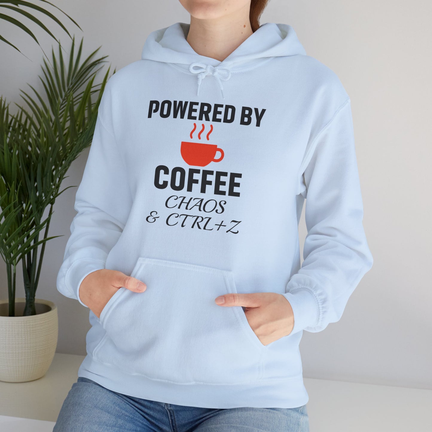Powered By Coffee Chaos And CTRL+Z Unisex Hoodie | Cozy Gift for Coffee Lovers, Funny Sweatshirt, Office Work Attire, Perfect Gift