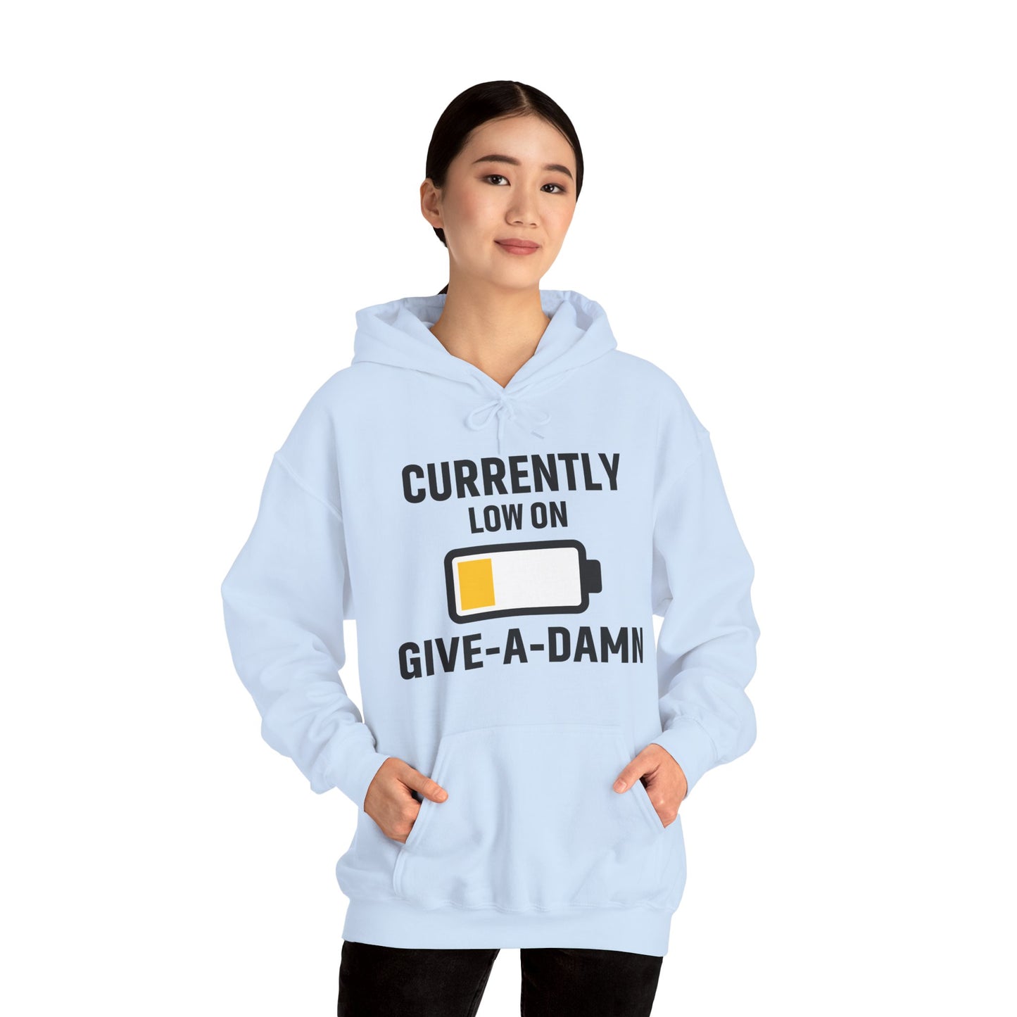 Currently Low On Give-A-Damn Unisex Hoodie | Casual Gift for Office Friends, Cozy Hoodie for Laughs, Humorous Apparel