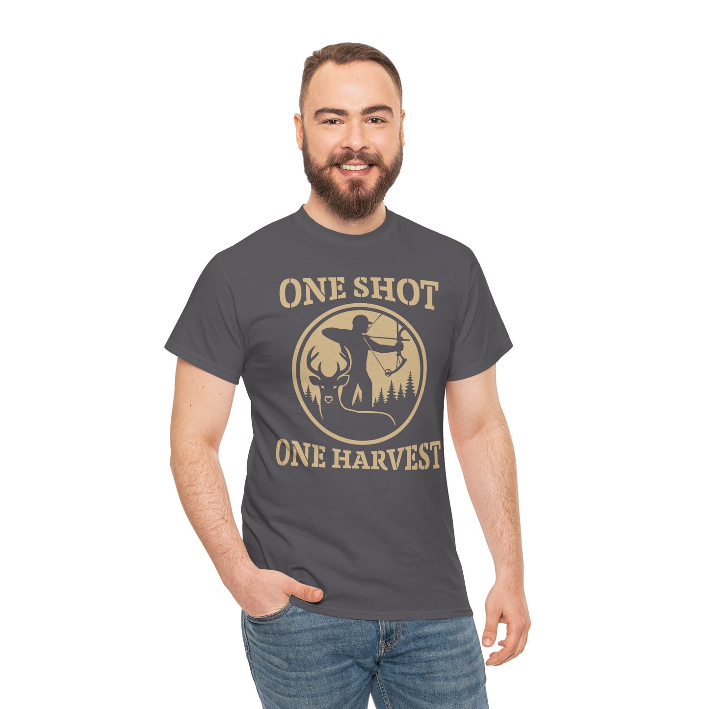 Hunting Tee, One Shot One Harvest Unisex Heavy Cotton Shirt, Outdoor Adventure Wear, Gift for Hunters, Camping Apparel, Fall Sportswear