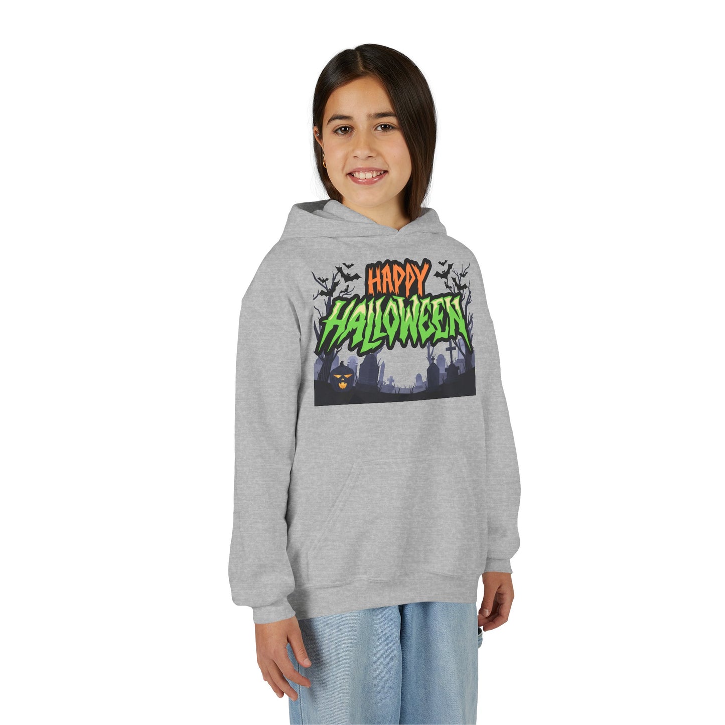 Halloween Youth Hoodie with 'Happy Halloween' Design, Cute Halloween [...]
