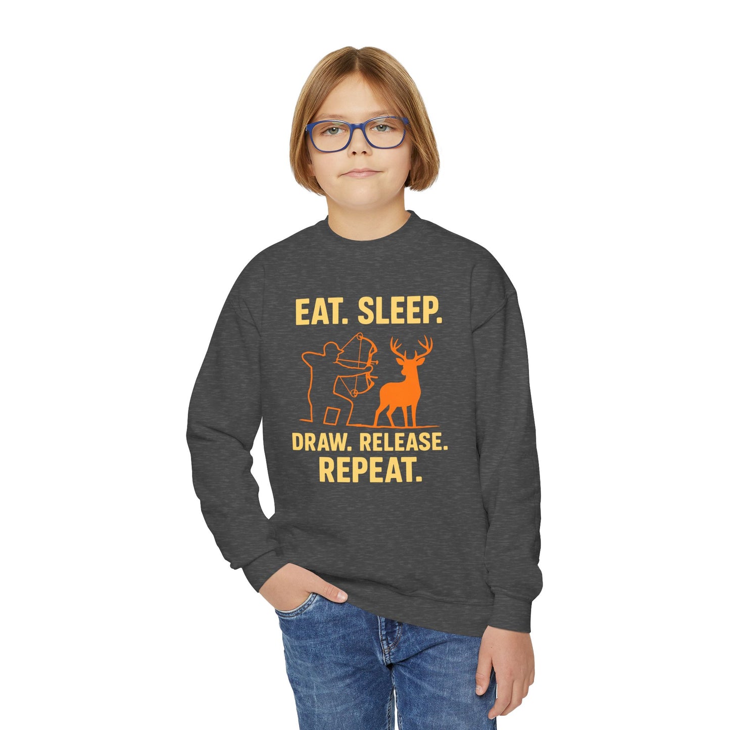 Eat Sleep Draw Release Repeat Youth Unisex Sweatshirt | Cute Hunter Sweatshirt, Gift for Nature Lovers, Outdoor Adventure Apparel