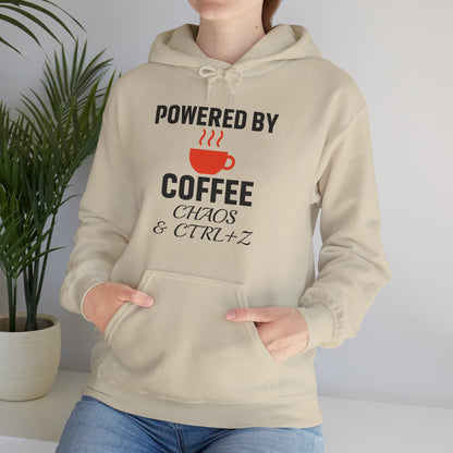 Powered By Coffee Chaos And CTRL+Z Unisex Hoodie | Cozy Gift for Coffee Lovers, Funny Sweatshirt, Office Work Attire, Perfect Gift