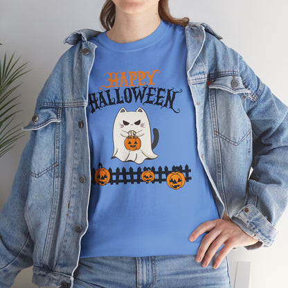 Halloween Cat Heavy Cotton Tee, Unisex, Spooky Fall Apparel, Cat Lover Shirt