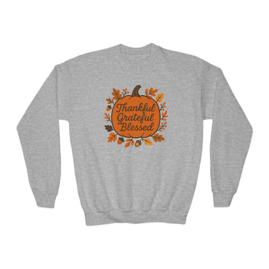 Youth Fall Sweatshirt, Thankful Grateful Blessed, Cozy Autumn Wear, Thanksgiving Gift, Family Gathering Outfit