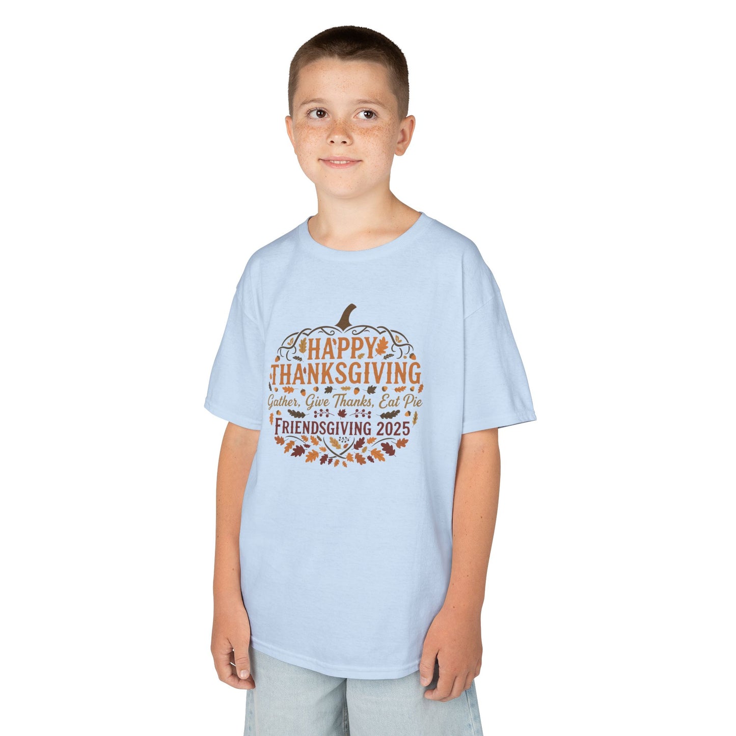 Happy Thanksgiving Friendsgiving 2025 Youth Unisex T-Shirt | Cute Thanksgiving Shirt, Fall Kids Clothing, Pumpkin Graphic Tee