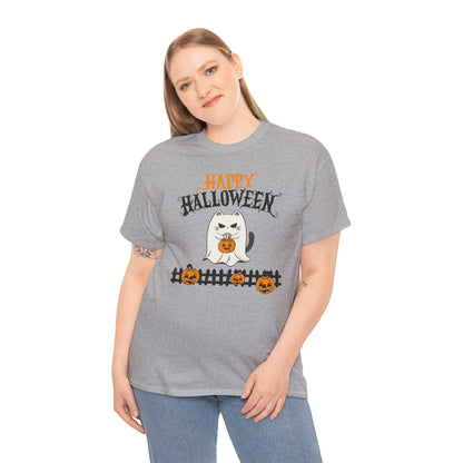 Halloween Cat Heavy Cotton Tee, Unisex, Spooky Fall Apparel, Cat Lover Shirt