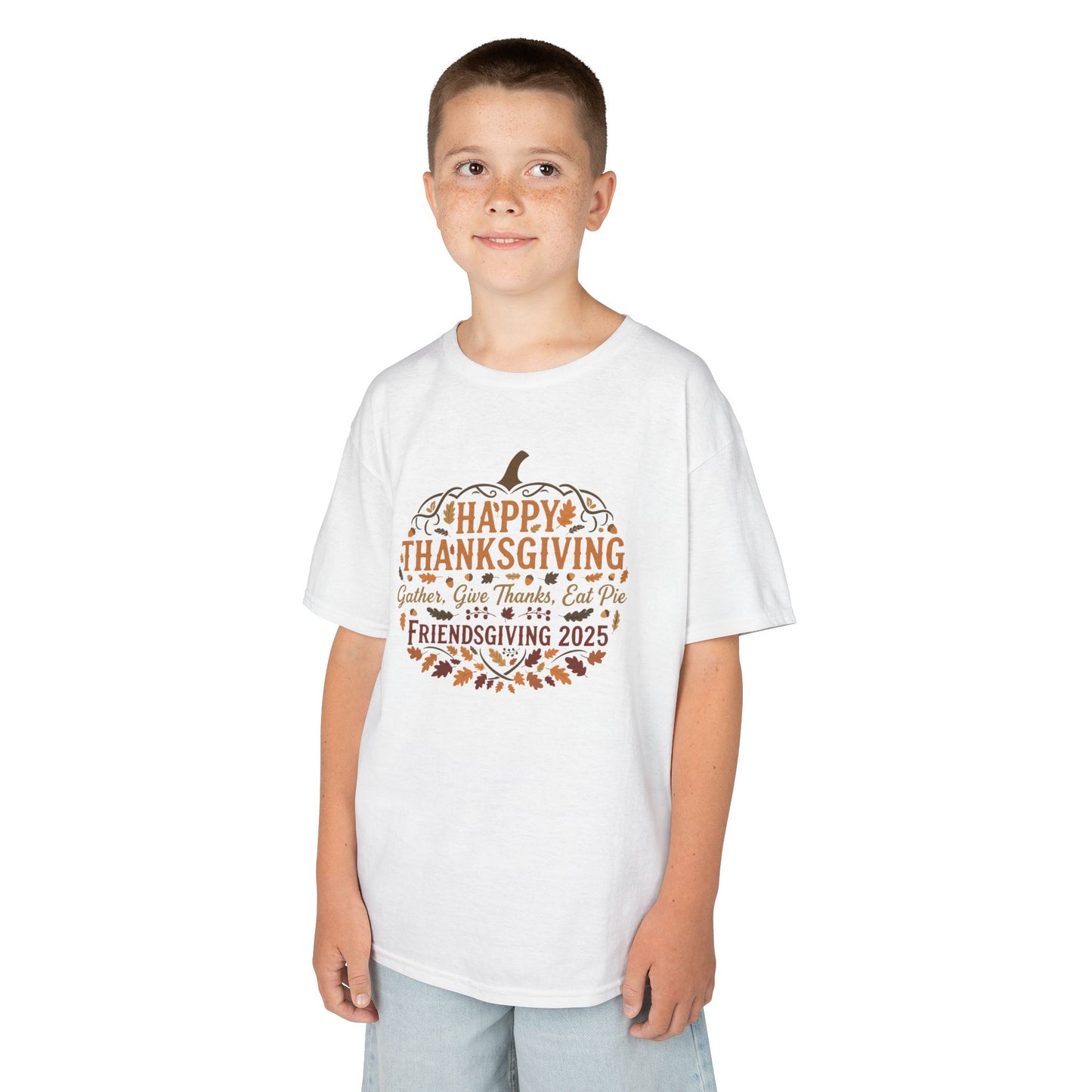 Happy Thanksgiving Friendsgiving 2025 Youth Unisex T-Shirt | Cute Thanksgiving Shirt, Fall Kids Clothing, Pumpkin Graphic Tee