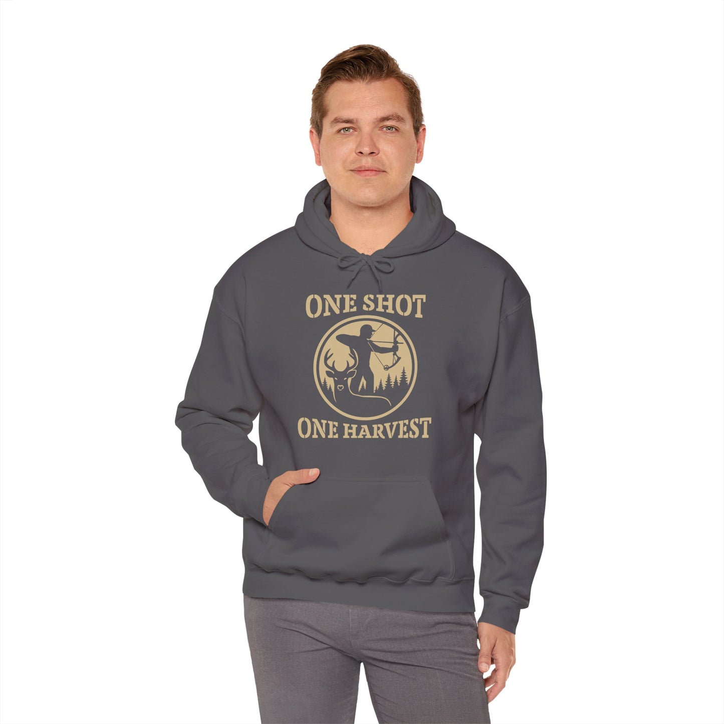 Hunting Themed Unisex Hoodie, Perfect for Bow Hunters, Fall Gatherings, Gifts, Cozy Layering, One Shot One Harvest Design